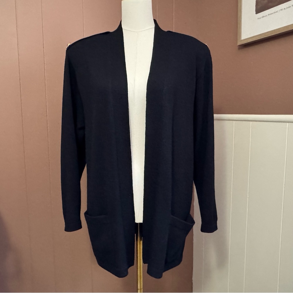 St. John Women’s Navy Blue Open Front Longline Heavy Knit Cardigan Old Money